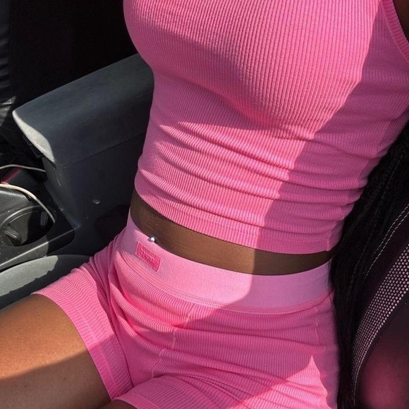 SKIMS Cotton Collection cropped ribbed tank + boxer shorts set Sugar Pink XS/S - Picture 11 of 17
